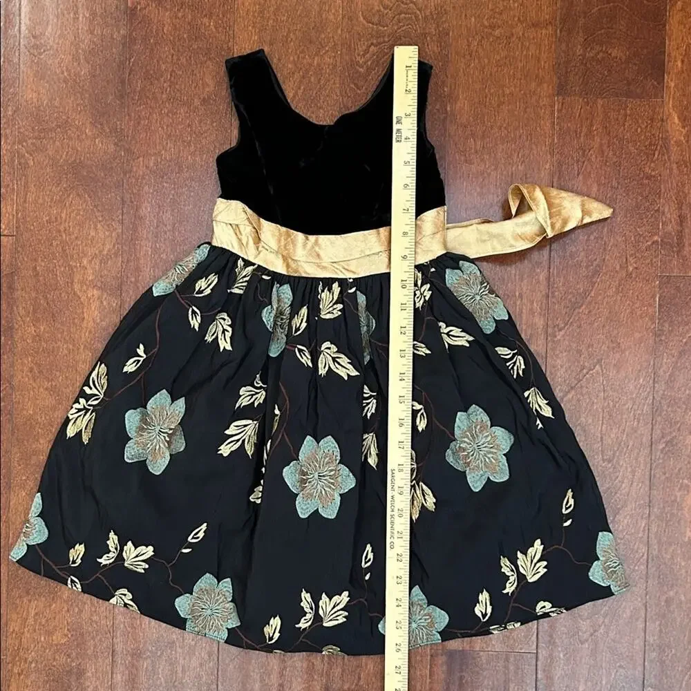 Dimples Girl’s Black Velvet Dress with Elegant Embroidered Design, Size 4